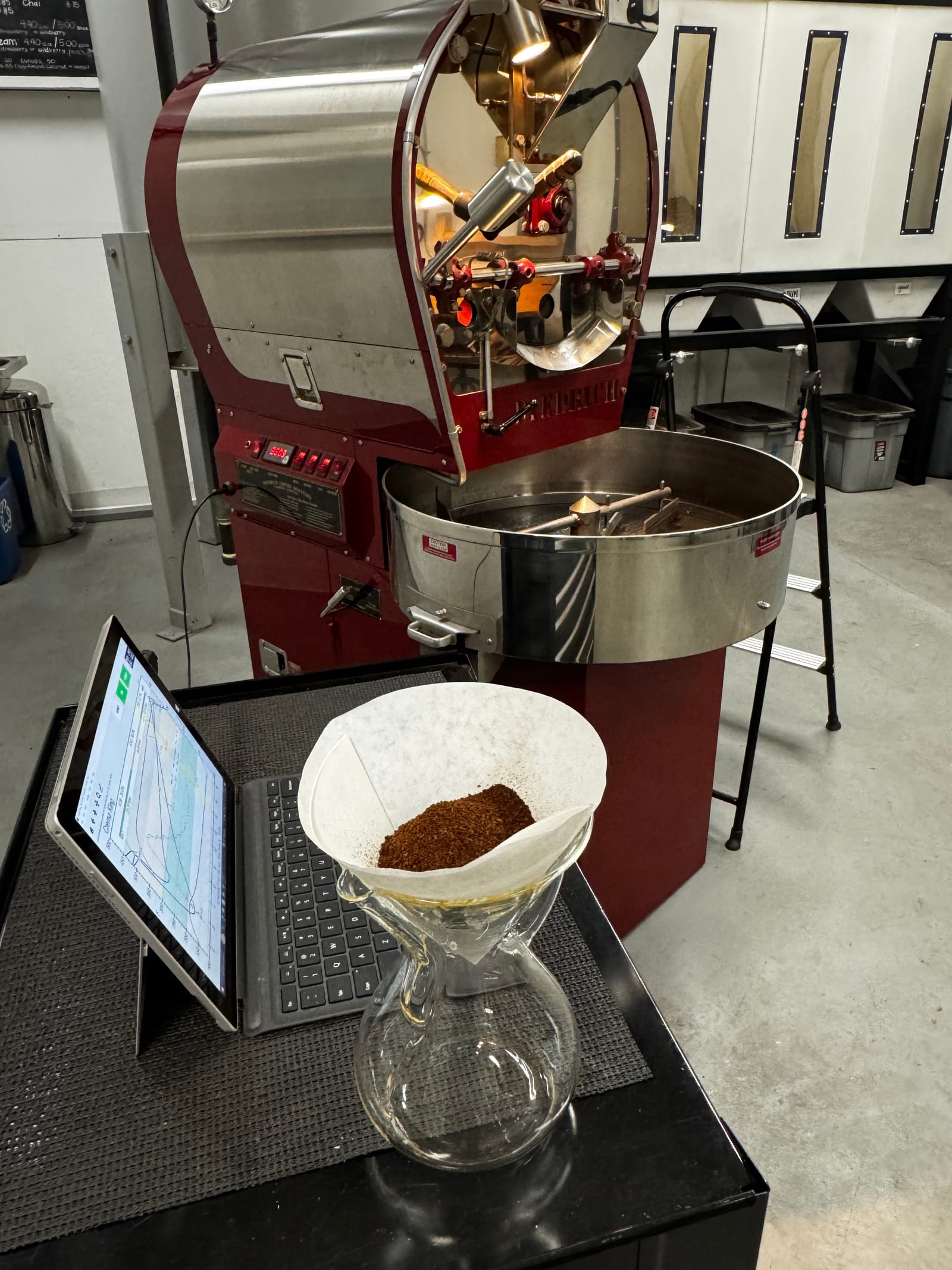 A fresh roast sample beside the Diedrich roaster and roast curve